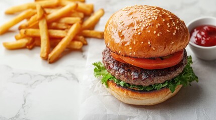 Gourmet Burger with Fresh Lettuce, Tomato, and Toasted Sesame Seed Bun Accompanied by Crispy Golden Fries and Ketchup on a Light Background