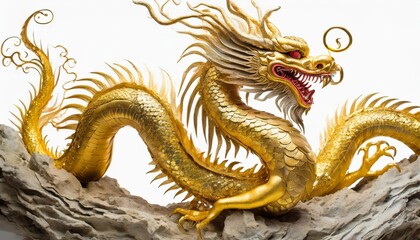 Obraz premium Magnificent Chinese Golden Dragon Isolated on White Background â€“ Traditional Golden Chinese Dragon Symbolizing Power, Wisdom, and Prosperity â€“ A Classic Representation of Mythical Asian Art