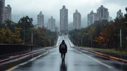 Fototapeta premium Solitary Figure Walking on Empty Rainy Street Surrounded by Urban High-Rise Buildings in a Moody Atmosphere with Low-Hanging Clouds and Wet Road