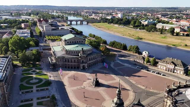 Aerial shot of Semperoper Opera House, a historic venue in Dresden, Germany