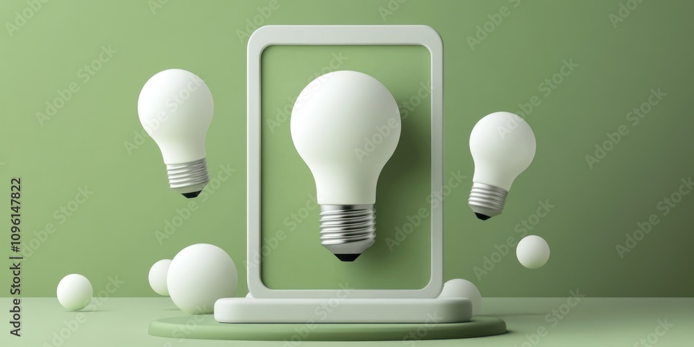 Poster A minimalist scene featuring floating light bulbs within a frame, symbolizing ideas and creativity.