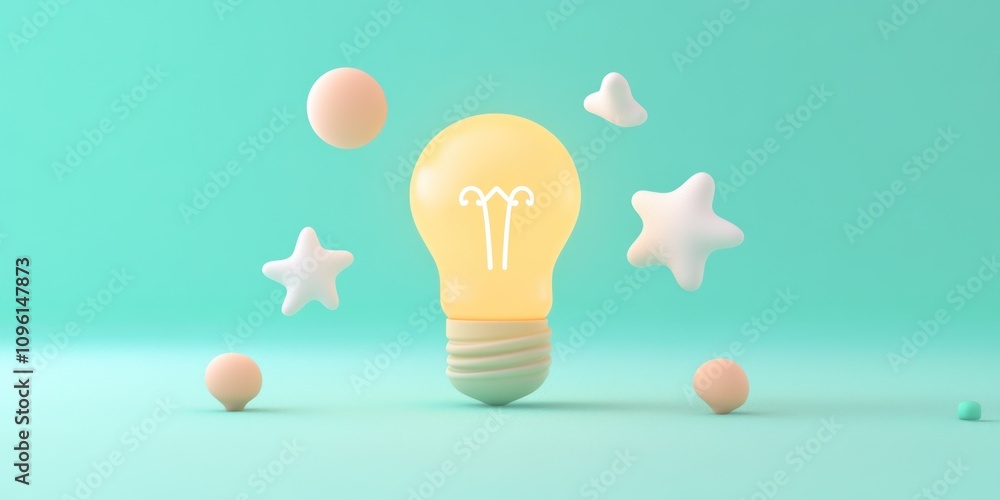 Aufkleber a stylized light bulb surrounded by colorful shapes on a soft background.