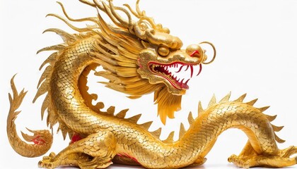 Magnificent Chinese golden dragon isolated on a white background, embodying traditional artistry and rich cultural heritage. This golden traditional Chinese dragon is symbolic and elegant.
