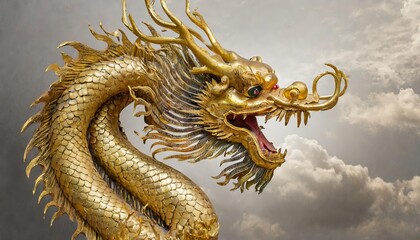 Obraz premium Chinese golden dragon isolated on white background, featuring intricate traditional details, vibrant golden scales, and a dynamic pose embodying Chinese culture and symbolism of power and