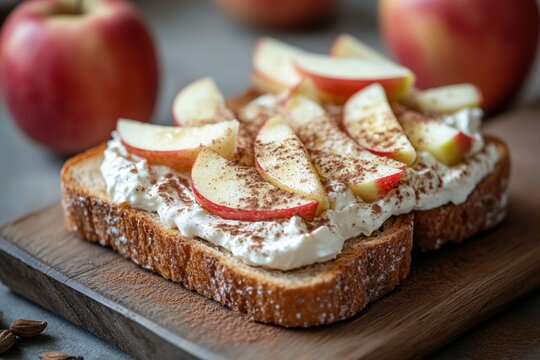 gourmet breakfast items, a rustic breakfast serving cinnamon toast with cream cheese and apple slices on a wooden board in a quaint kitchen setting