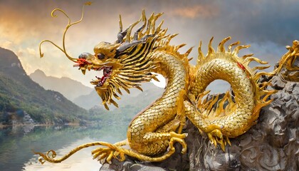 Fototapeta premium Magnificent Chinese golden dragon illustration isolated on white background, showcasing a traditional Eastern mythical creature with intricate details and a striking golden design.
