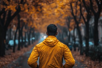 Man in yellow jacket walking down a tree-lined path in autumn