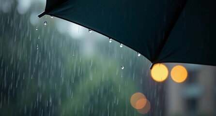 A close-up view of a black umbrella, droplets of rain cascading down its surface