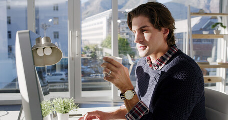 Coffee, web design or man on computer for reading research, creative website or digital footprint. Front end, beverage and developer drinking by pc for online project, system or domain registration