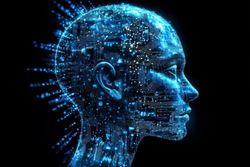 Futuristic Human Head Illustration with Circuit Board Design on Black Background