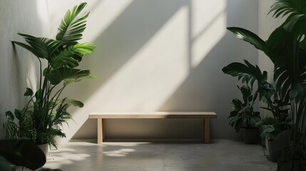 Minimalist hallway with a light wooden bench and vibrant green houseplants against a soft, blank wall, creating a serene contemporary interior aesthetic.
