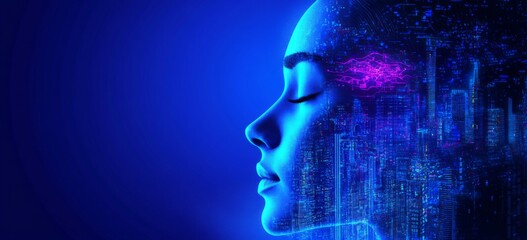 Futuristic digital illustration of woman with cityscape background, grid-like pattern, deep blue color, deep in thought concept.