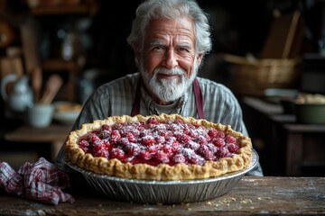 Elderly baker proudly displays homemade raspberry pie in cozy rustic kitchen