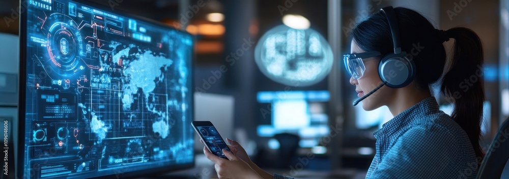 Poster A person using a smartphone while wearing a headset, engaged with a digital interface.