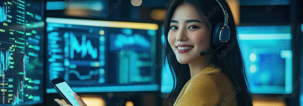 Poster A woman in a headset smiles while working with data on multiple screens.