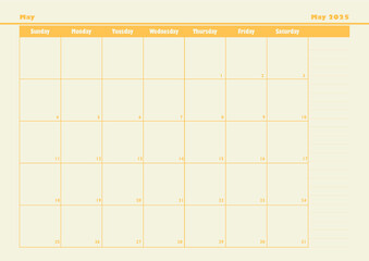 May 2025 Monthly Planner, Table Format
May 2025 planner with note, taking sections and a neat table design