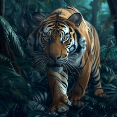 Fierce tiger stalking through lush jungle wildlife photograph nature environment close-up perspective