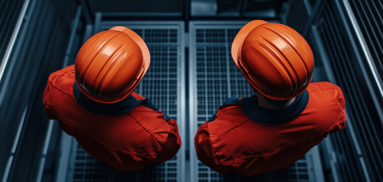 Two technicians in orange helmets and uniforms stand in elevator shaft, showcasing teamwork and safety in professional environment