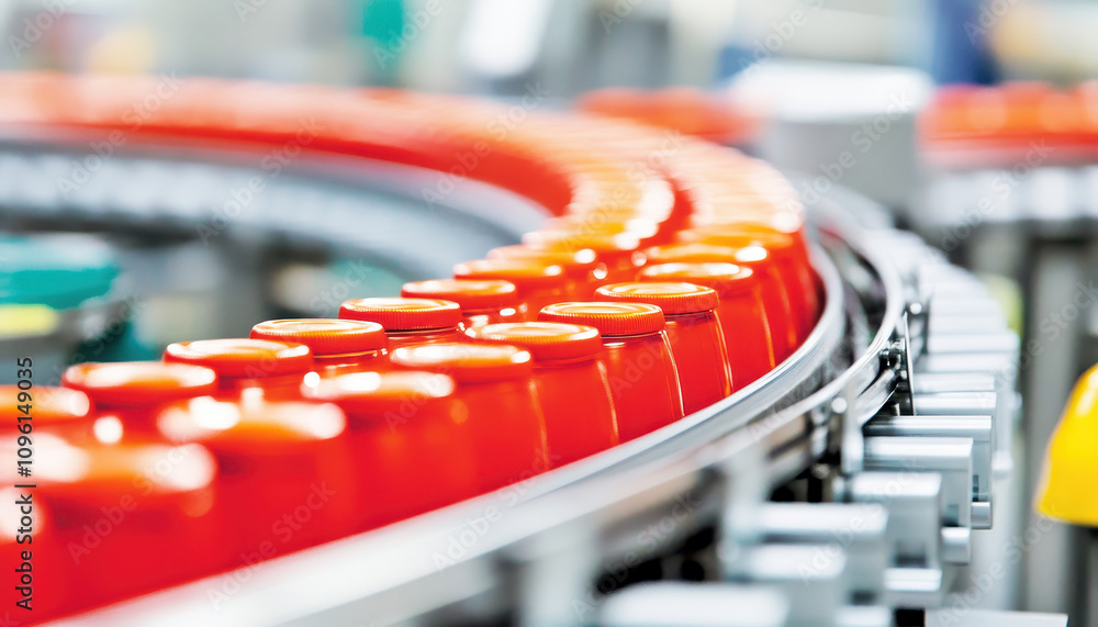 Poster automated packaging process with orange jars on conveyor belt, showcasing efficiency and precision i