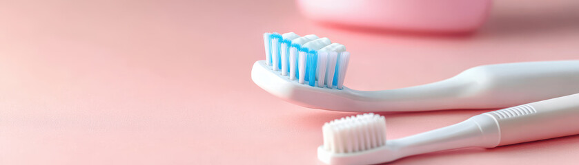 Top view of toothbrushes on pink background, showcasing dental hygiene tools. Perfect for promoting oral care and health