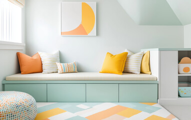 vibrant kids playroom featuring colorful decor, cozy seating, and playful patterns creates cheerful atmosphere for fun and creativity