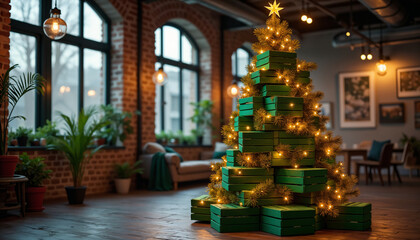 Festive Green Christmas Tree with Gift Boxes