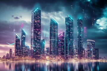 Obraz premium Futuristic city skyline with colorful lights reflecting in the water at night - digital illustration of modern architecture.
