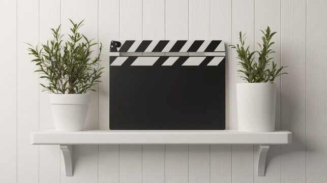Movie clapper board displayed prominently on a white vertical shelf alongside two potted plants, creating a stylish and minimalist decor.