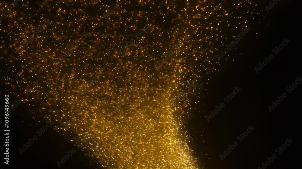 Poster a mesmerizing display of gold particles gracefully falling through darkness, creating an enchanting 