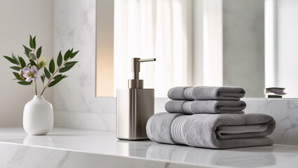 table with a marble stone countertop, set against a blurred white bathroom backdrop, creating a sleek and elegant atmosphere for a modern bathroom design