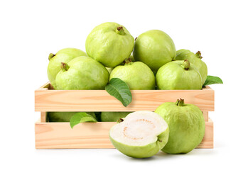 Fresh Guava fruit in wooden crate isolated on white background.