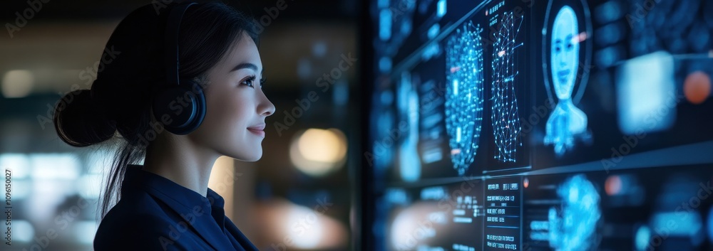 Poster A woman with headphones engages with a digital interface displaying data and analytics.