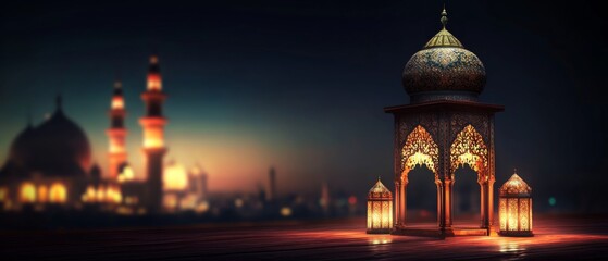 Obraz premium Islamic Shrine with Lanterns Illuminated, City Skyline Background - Peaceful and Serene Digital Illustration