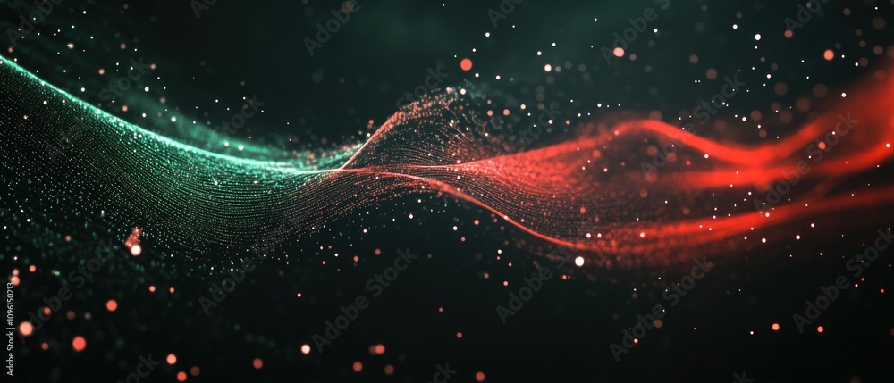 Poster abstract waves of red and green light create a dynamic visual effect.