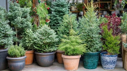 Fototapeta premium Potted spruce Christmas trees displayed in decorative pots at a festive tree shop, showcasing various evergreen conifers in lush greenery.