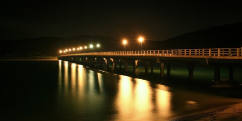 Fototapeta premium A serene night view of a pier illuminated by lights, reflecting on calm water.