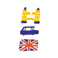Cute England, english, UK, United Kingdom objects, composition with hand drawn doodle Tower, cab, taxi, car, transport, national country flag. Tourist, travel, education signs