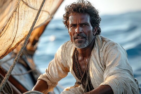 Experienced sailor navigating a traditional wooden boat at sea
