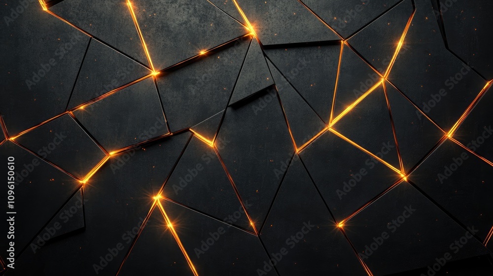 Poster glowing geometric patterns in fractured arrangements highlighted by radiant lines on a dark modern t
