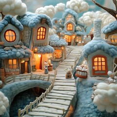 Fototapeta premium Winter Wonderland Village Miniature Glowing Snowy Holiday Scenic Festive Ambience Illustration