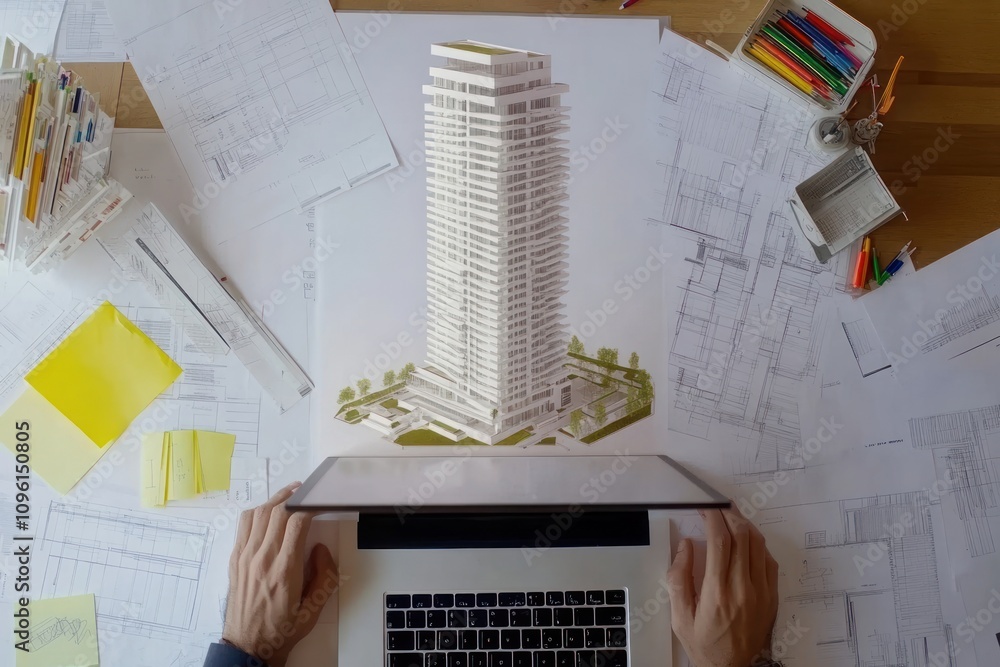 Poster a workspace with architectural plans, a model, and a laptop, indicating design and development.