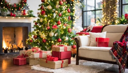 Elegant Christmas tree in a cozy living room adorned with sparkling lights, festive decorations, wrapped gifts, and seasonal charm, creating the perfect holiday ambiance for a warm family
