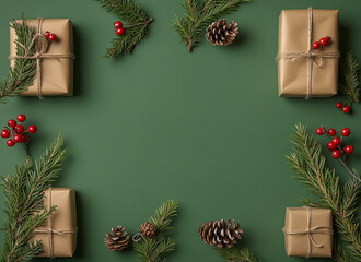 Christmas gift boxes on green background, wrapped in brown kraft paper, tied with twine, red berries, pine cones and fir branches, top view, left. Minimalistic rustic style
