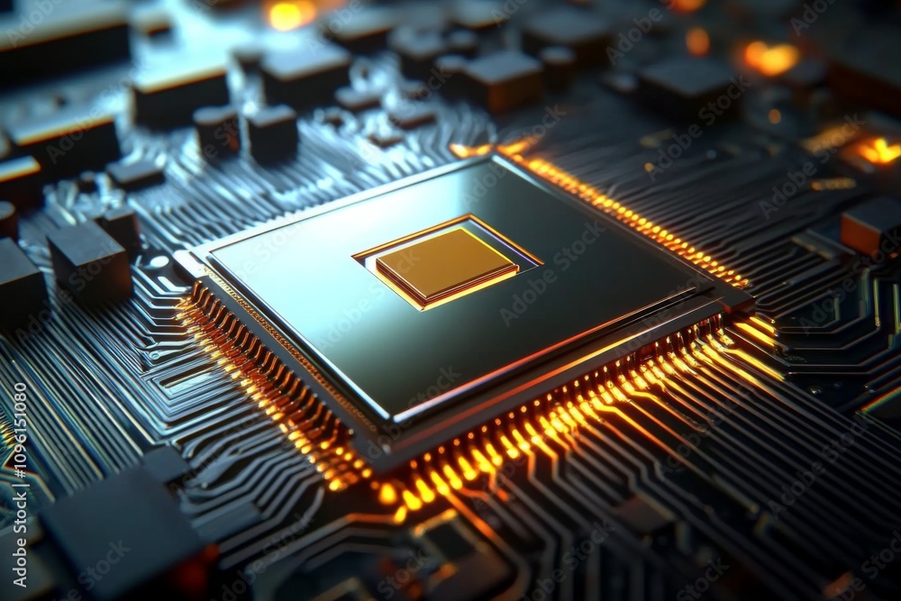 Poster close-up of computer processor chip in center, surrounded by black background. gold chip with square