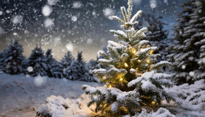 Magical snow-covered Christmas tree in a serene winter landscape, capturing the festive holiday spirit with frosty branches, sparkling lights, and a peaceful seasonal atmosphere.