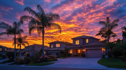 Obraz premium Sunset Hues Illuminate Suburban Homes and Palm Trees