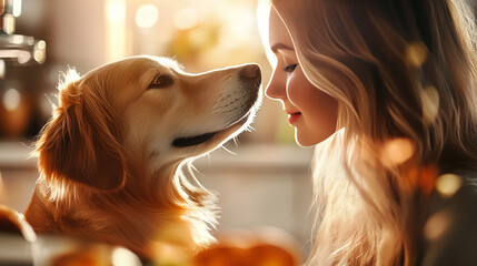 Banner showcasing dog gazing warmly, girl embracing affection, golden hues, blurred bokeh lights in the soft background ambiance