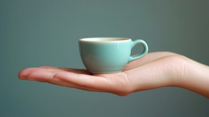 Miniature turquoise coffee cup delicately balanced in a hand, evoking a sense of cozy mornings and leisurely relaxation, perfect for lifestyle visuals.