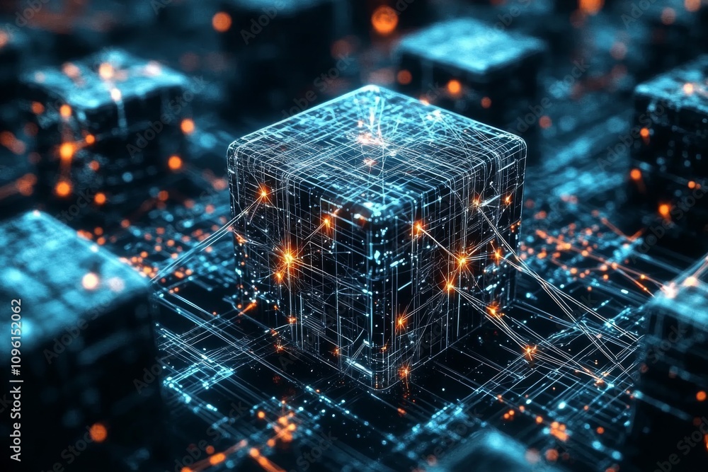 Poster abstract 3d rendering of interconnected metallic cubes surrounded by network of lines on dark blue b