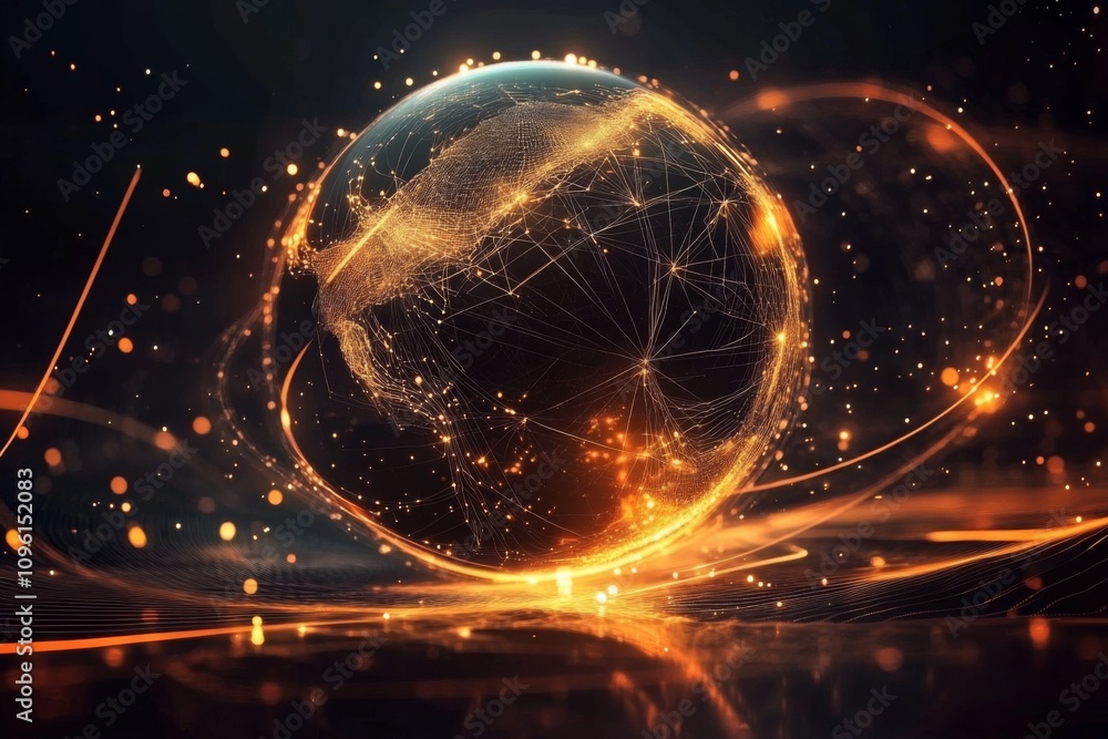 Poster futuristic sphere network: digital illustration of a sphere with network-like lines and dots in oran
